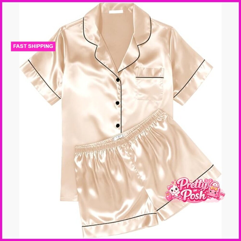 Silk Satin Pajama Set Short Sleeve Button Down Top and Shorts